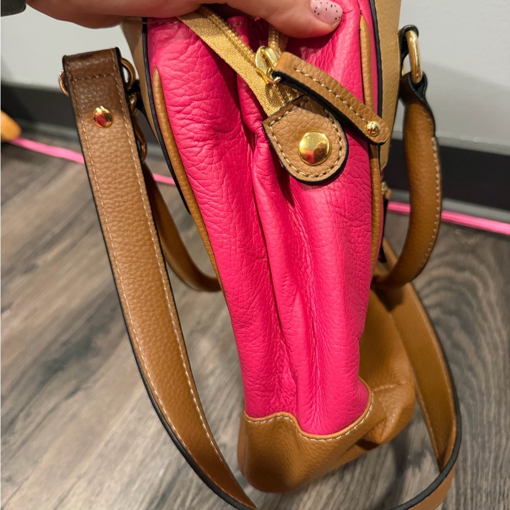 Tignanello Pink and Tan Colorblock Satchel with Gold Hardware - Picture 4 of 14